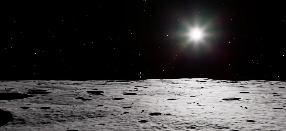 Grey cratered ground under a black starry sky, a bright star glaring above the horizon.