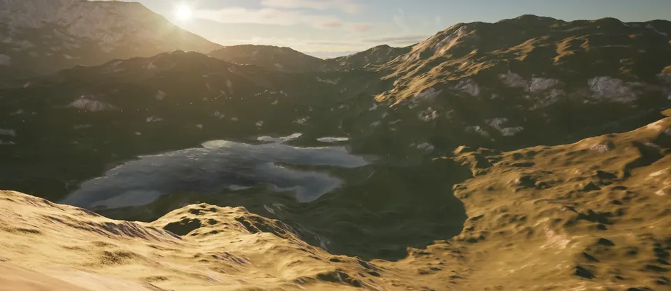 Ochre and olive mountains around a small lake, the sun low over the ridges.