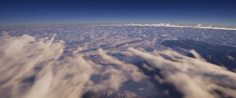 A white cloud field over dark land, seen from high altitude with a curved horizon and blue sky.