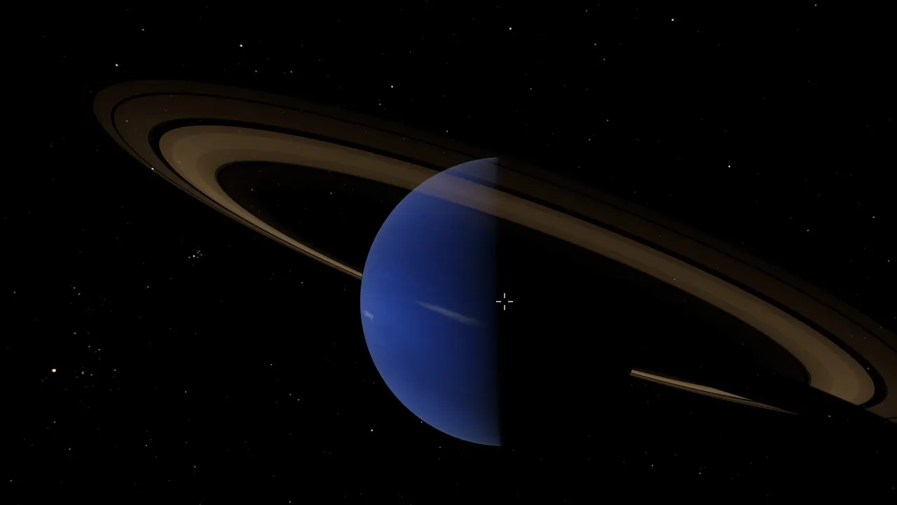 A deep blue planet seen gibbous, with a thin bright white cloud streak near its limb