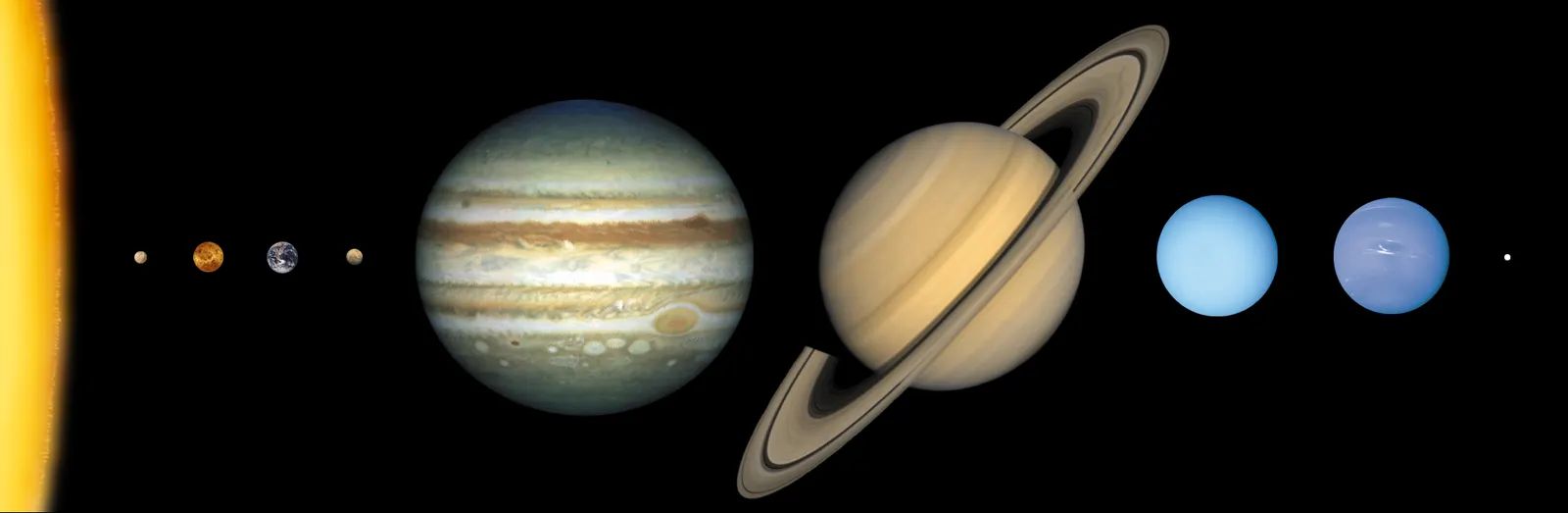 The eight planets in a row from Mercury to Neptune at their correct relative sizes, the giants dwarfing the four small rocky worlds.