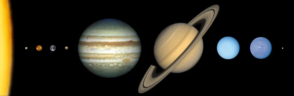 The eight planets in a row from Mercury to Neptune at their correct relative sizes, the giants dwarfing the four small rocky worlds.
