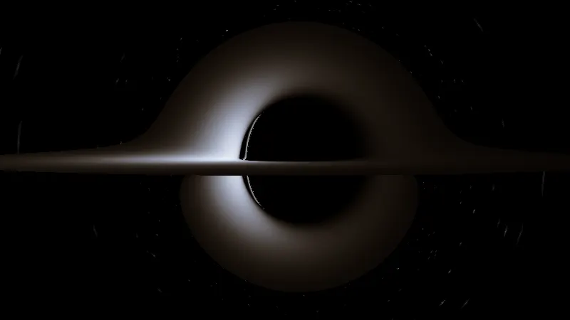 A black shape flattened on its left side, crossed by an edge-on disk that is bright on the left and dim on the right and runs right up to the shadow on the left.