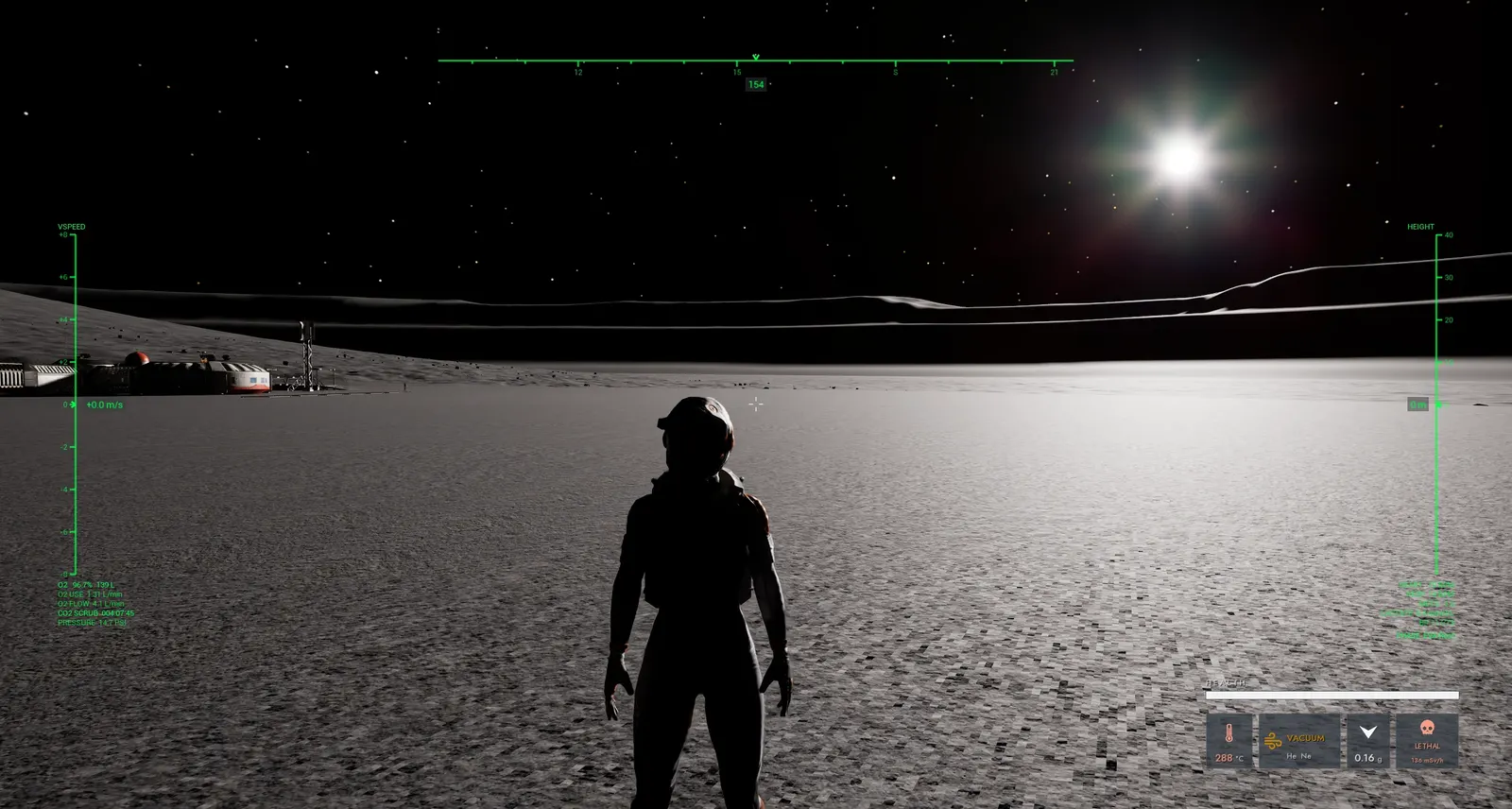 An astronaut seen from behind on a grey lunar plain under a black sky with a bright sun; a low base of white modules stands at the left edge.