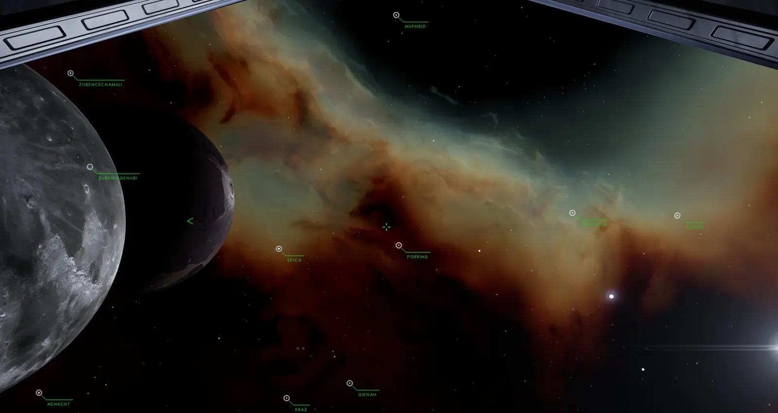 A cockpit canopy view of a cratered moon at left and a rust and teal nebula across the sky, with small green labels naming bright stars.