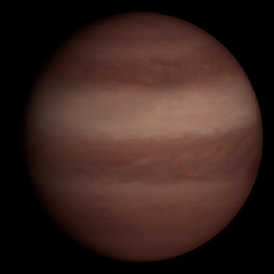 A rust-red gas giant with soft bands and swirls under a reddish veil, painted.