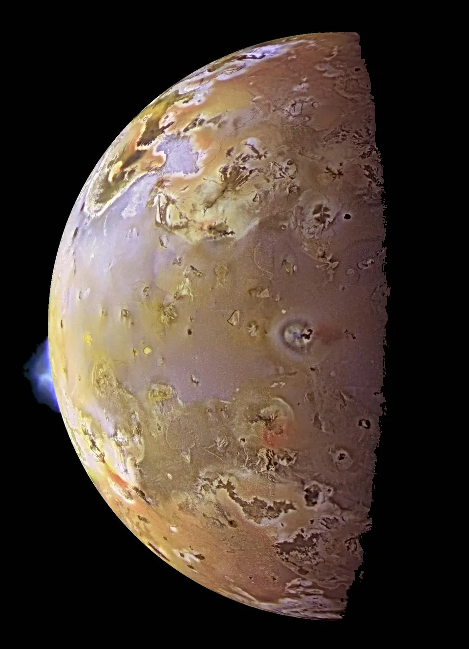 A yellow and brown mottled moon with a small blue plume on its left edge.