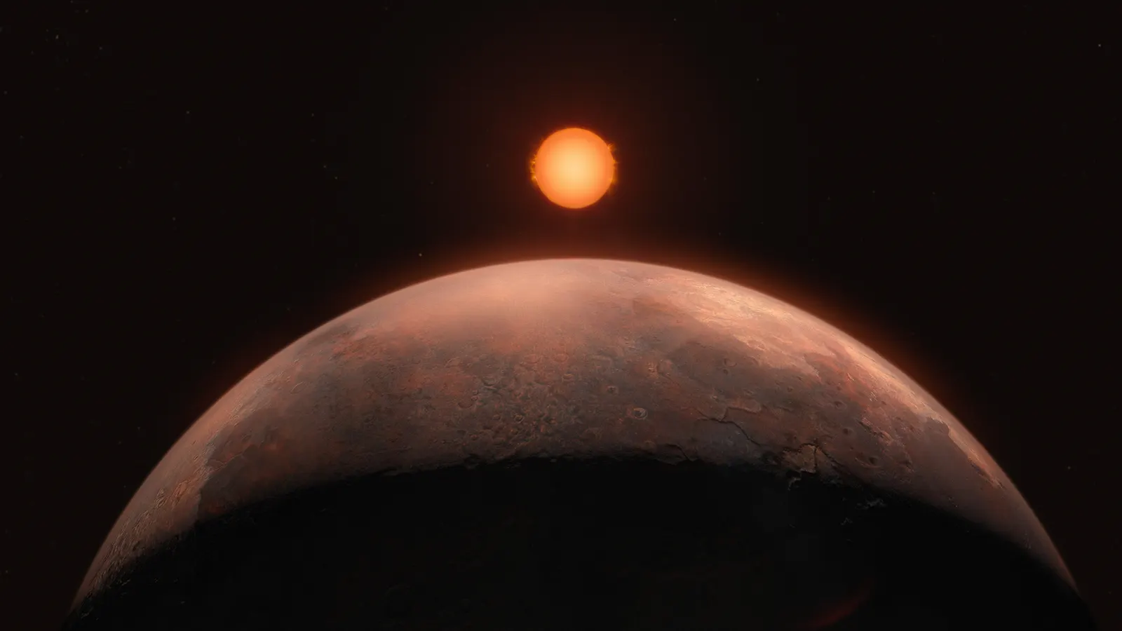 Artist's impression of a small rocky planet in the foreground with a red dwarf star behind