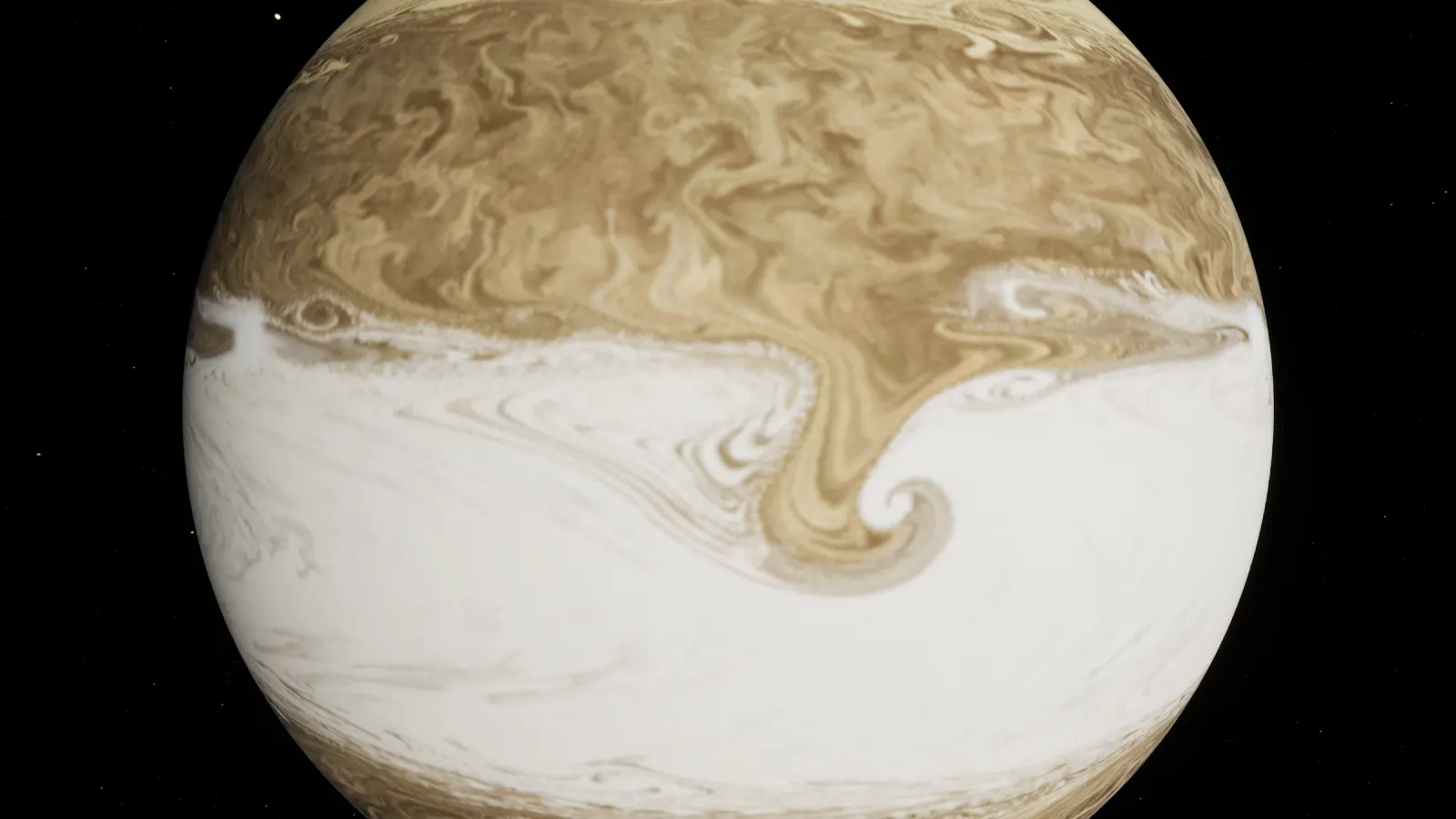 A close view of a cream and tan gas giant: a dark tan belt full of swirling filaments above a bright white zone, with a hooked brown festoon curling into a spiral where the two meet