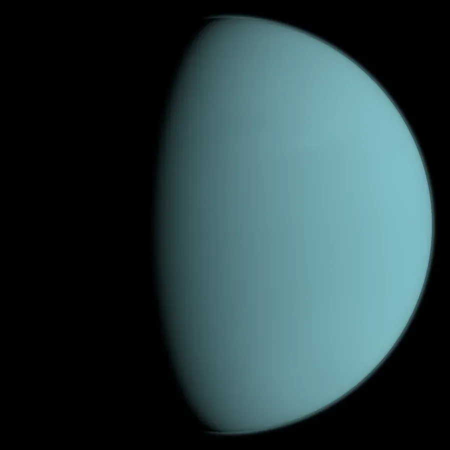A pale teal planet, half lit from the right, almost featureless.