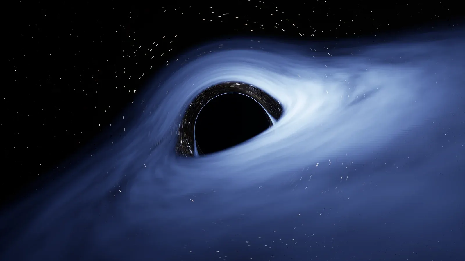 The same black hole and swirling blue-white disk, now ringed by hundreds of short golden-white streaks of starlight curving round the shadow.