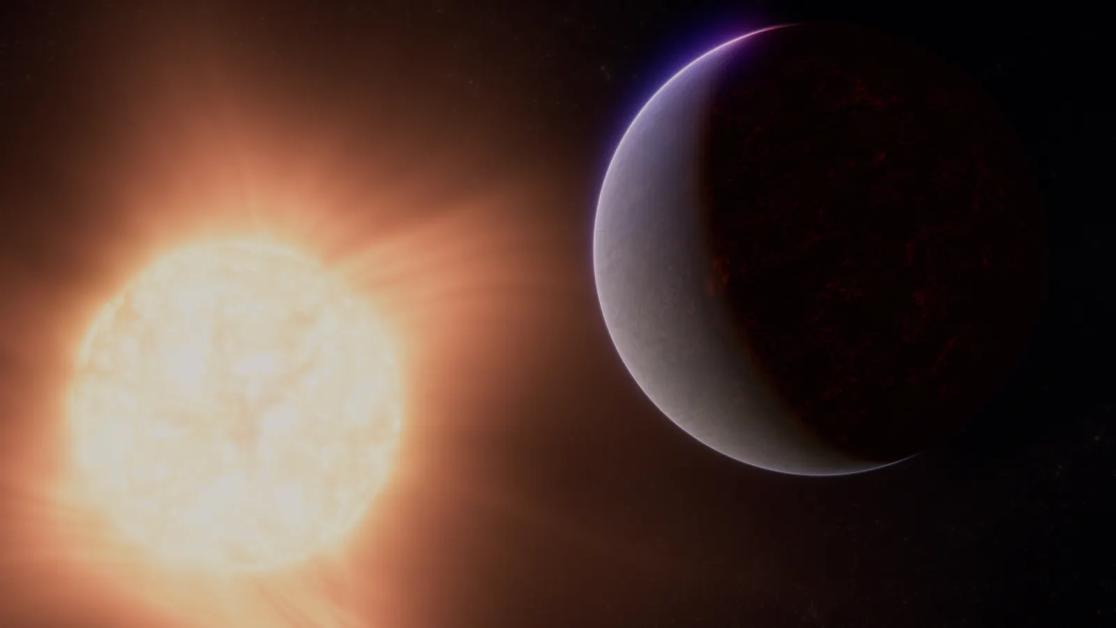 Artist's concept of a dark, hot rocky planet with a hazy atmosphere close to a bright star