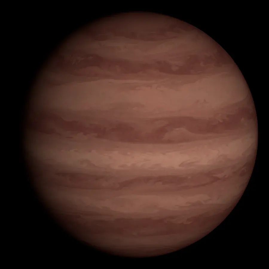 The same kind of planet grown procedurally: rust-red bands and small eddies showing through a thin reddish haze.