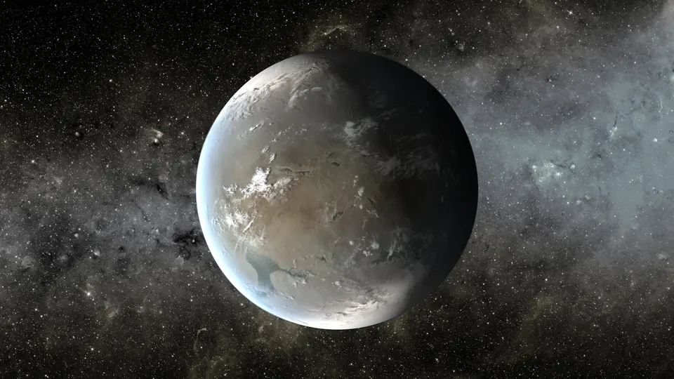 A rocky world with oceans, cloud and polar ice, half in shadow, against a star field.