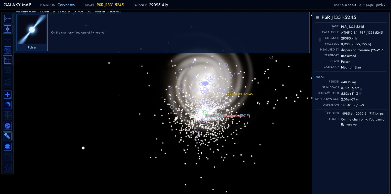 The game's galaxy map zoomed far out: a soft glowing spiral with scattered white points and small rings, and on the right a panel of data for the pulsar PSR J1331-5245