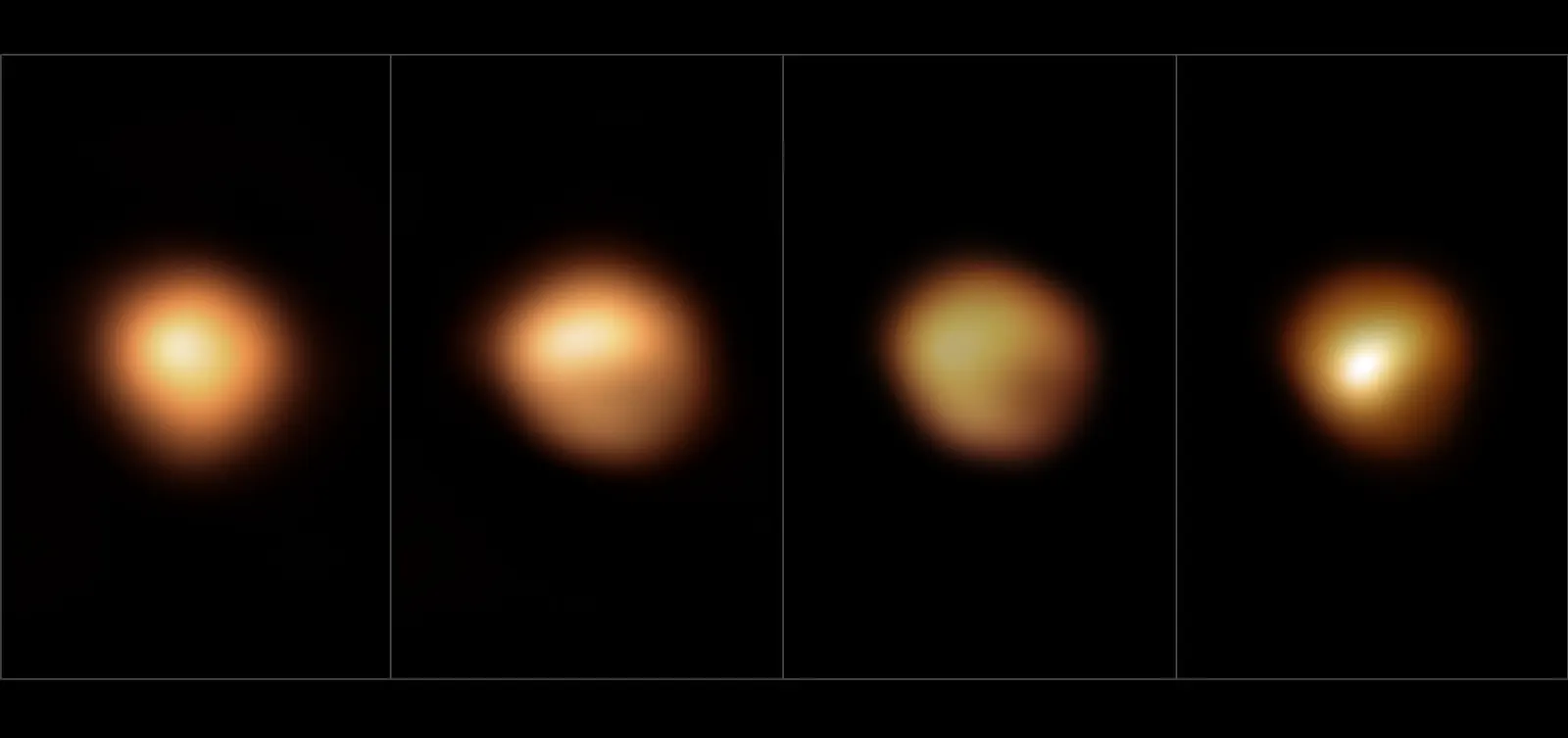 Four images of Betelgeuse's disc from 2019 and 2020, the lower half growing darker in the later frames