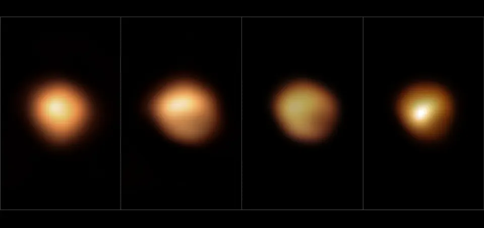 Four images of Betelgeuse's disc from 2019 and 2020, the lower half growing darker in the later frames