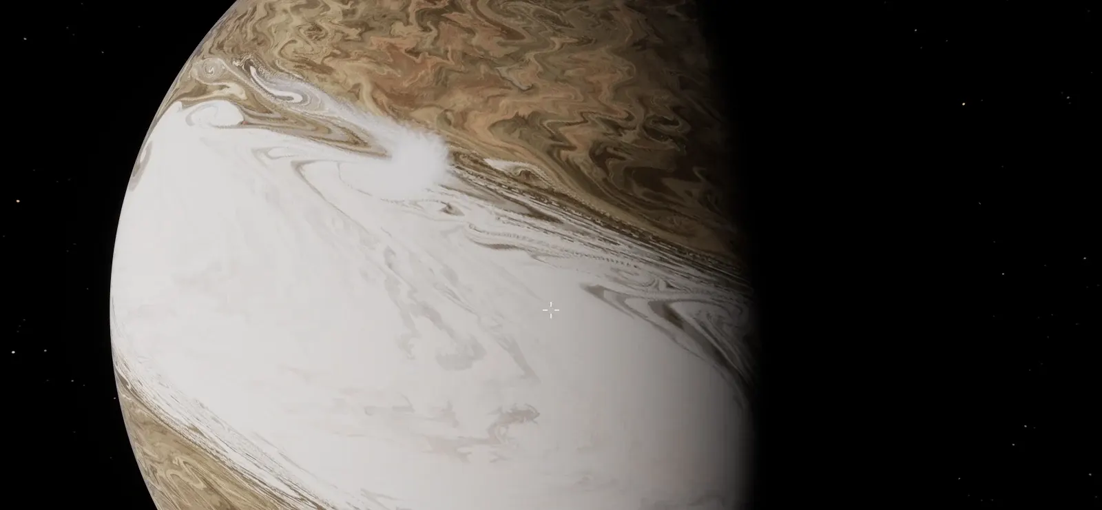 The limb of a banded gas giant, cream and brown clouds twisted into waves and swirls, with a bright white plume, half in shadow against black space.