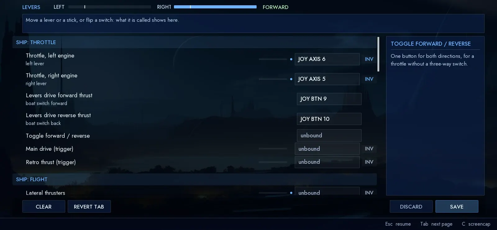 The THROTTLE page of the controls menu: a lever bar for left and right, then rows binding the left engine throttle to joystick axis 6, the right engine throttle to axis 5, and forward and reverse thrust to buttons 9 and 10.