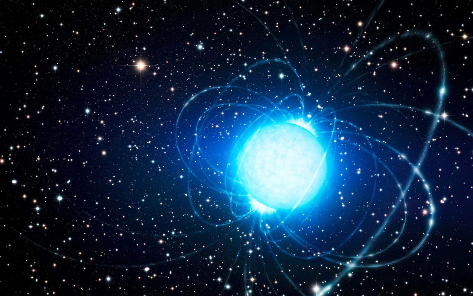 An artist's illustration of a glowing blue-white sphere wrapped in looping lines of a magnetic field, against a dense field of stars.
