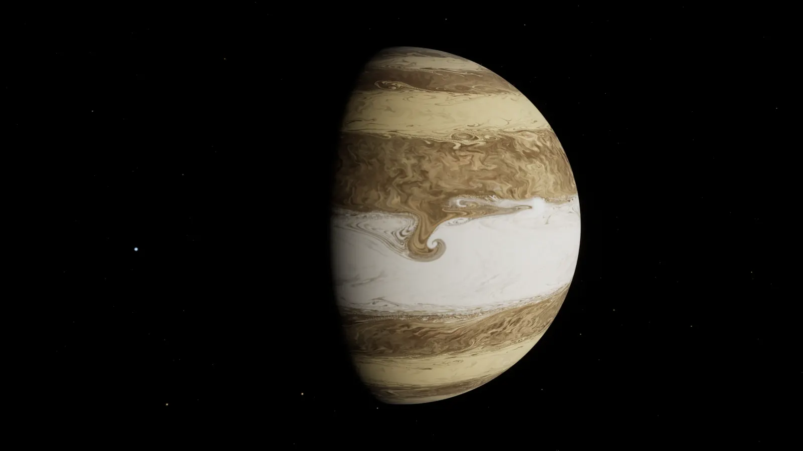 A half-lit gas giant against black space: cream and tan bands, a broad bright white zone across the middle and a brown hook of cloud curling into it, the night side fading to black on the left.