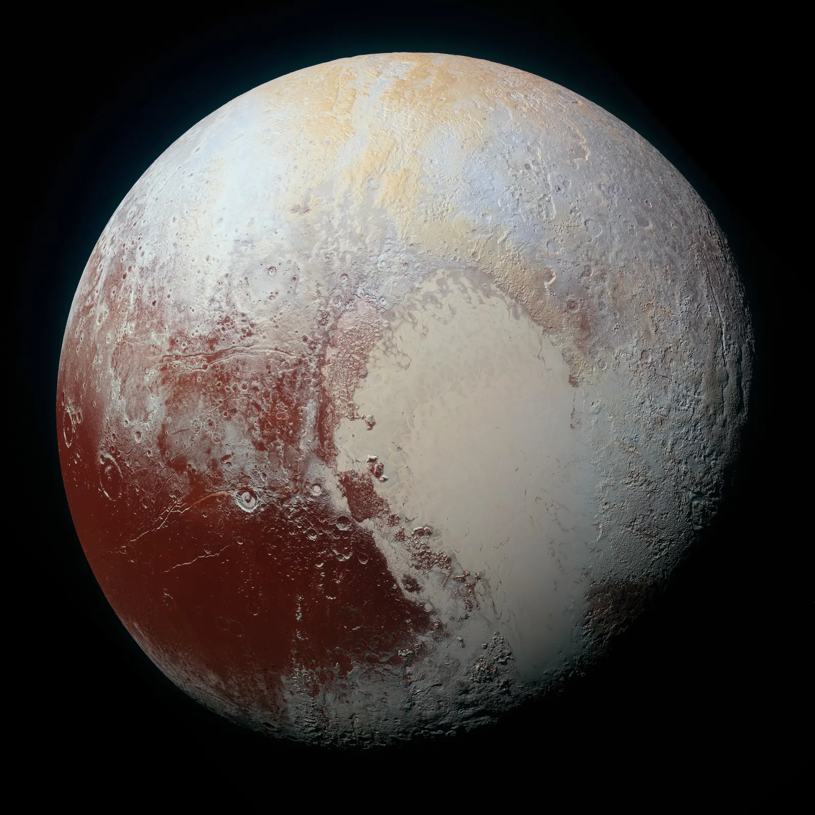 Pluto in exaggerated colours: a pale heart-shaped plain on the right, deep red terrain along the equator, and blue and yellow patches elsewhere.