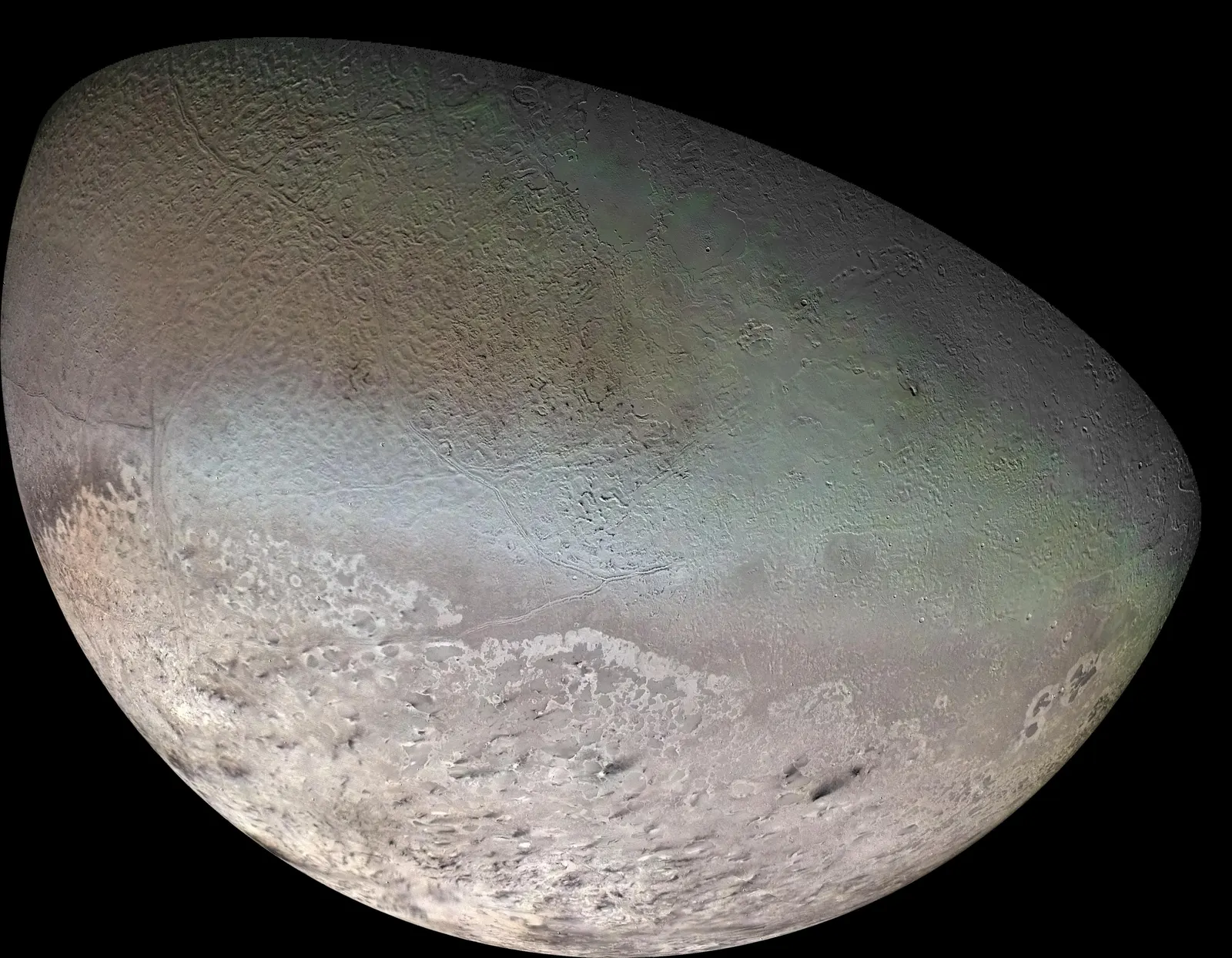 A mosaic of Triton showing a large pinkish southern polar cap streaked with dark marks, and a bluish-green band near the equator.