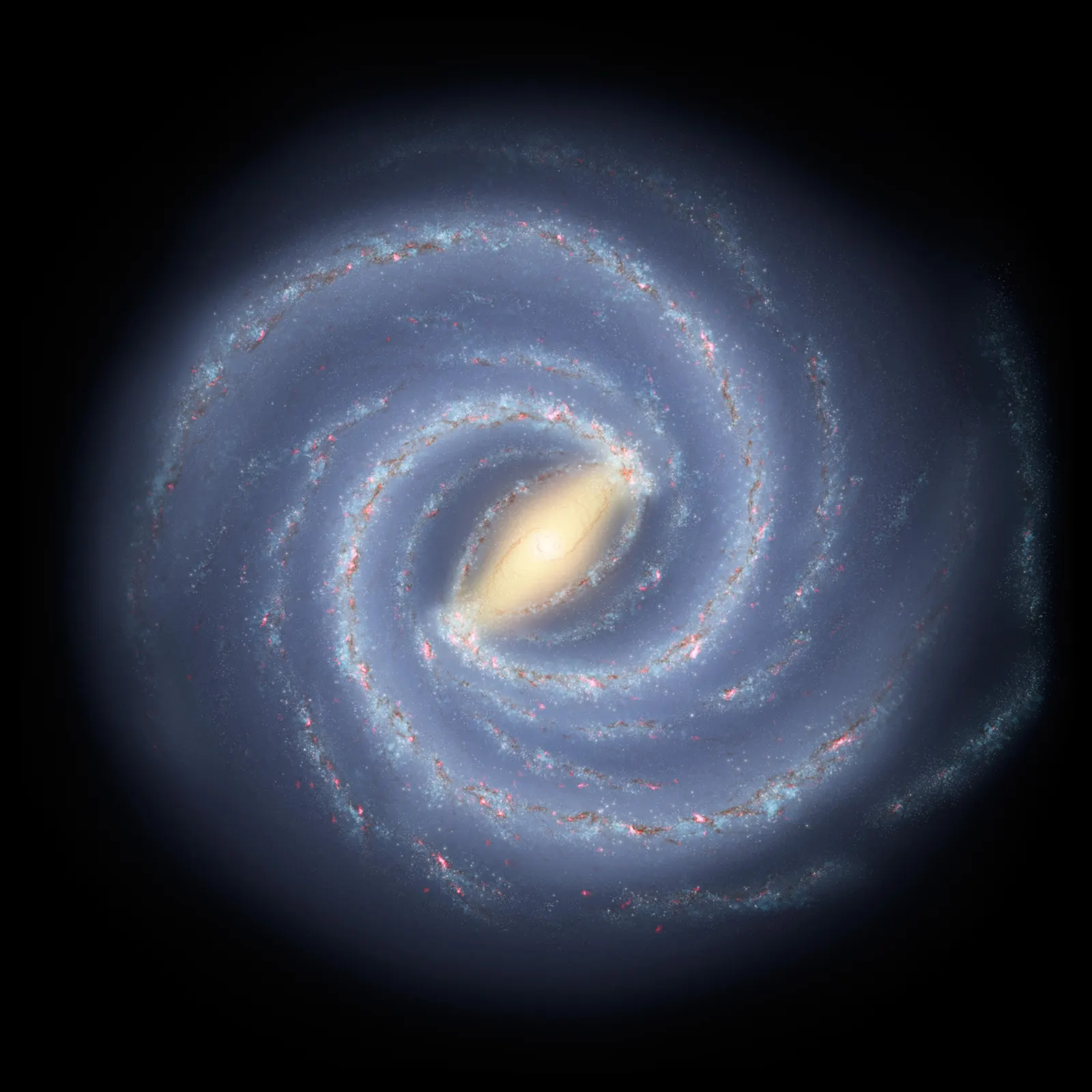A face-on spiral galaxy with a bright elongated central bar and two prominent arms, with fainter arms between them.