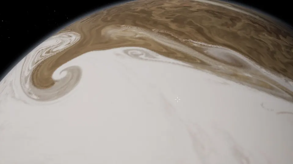 Close view over a gas giant's limb: a brown band curling into a spiral over pale cream cloud.