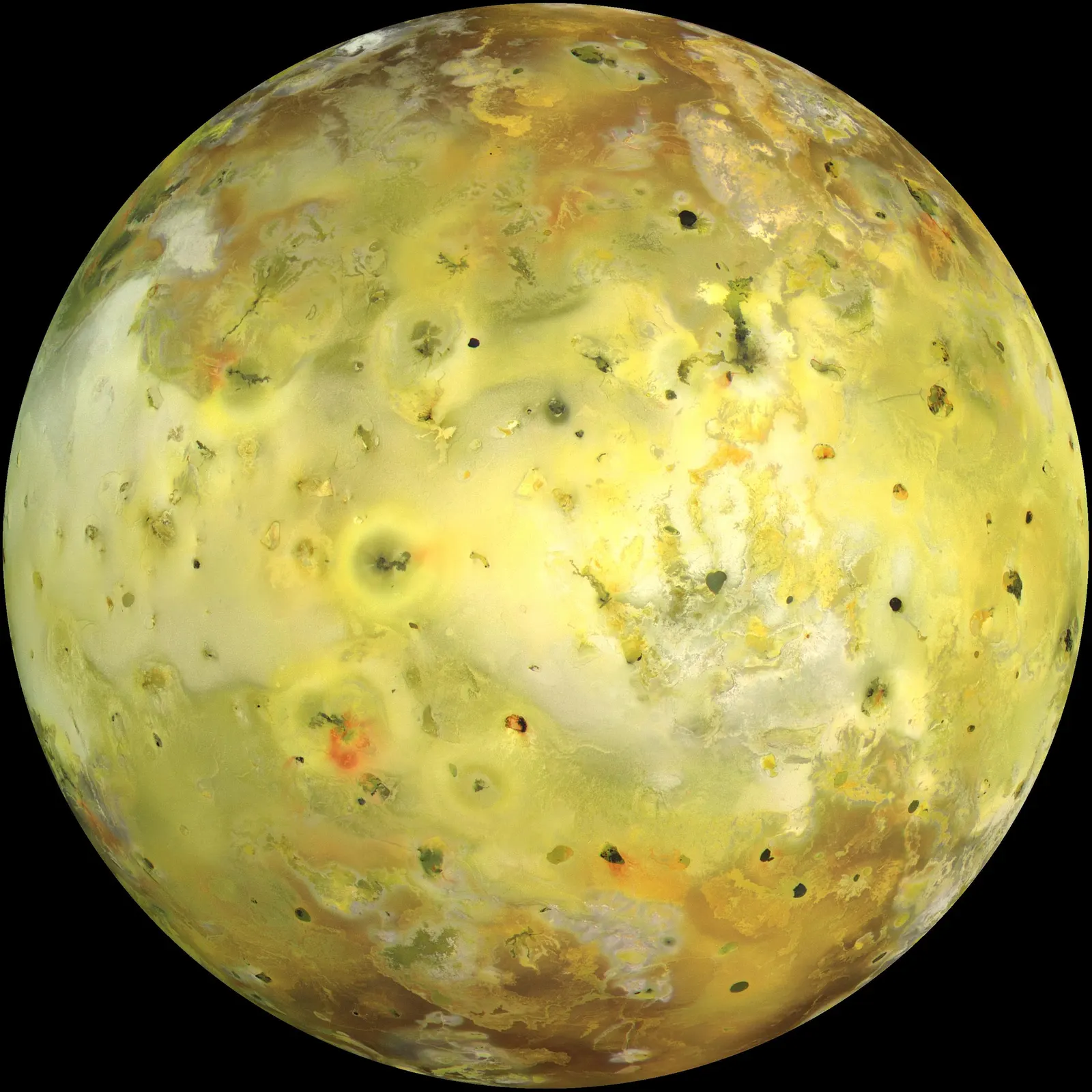 Io as a mottled yellow, white and orange sphere dotted with black and red spots.