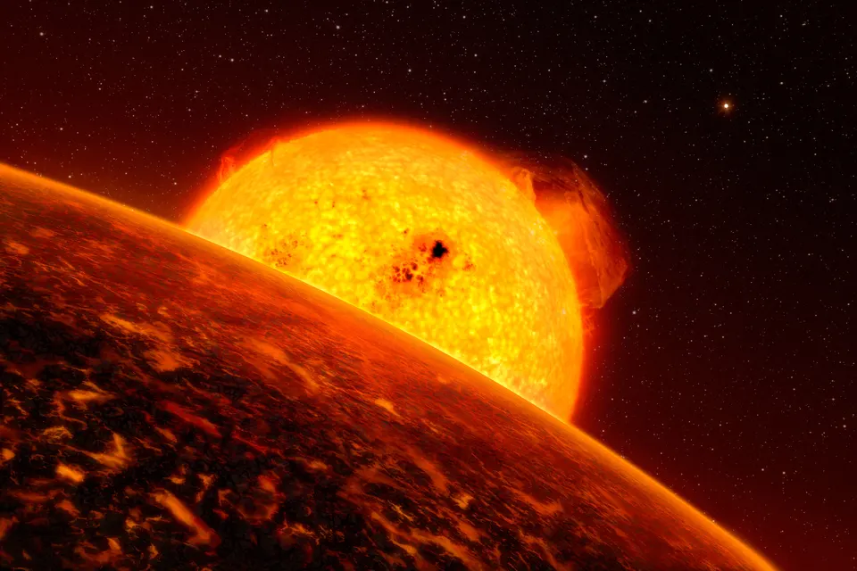 A dark planet with a glowing orange surface facing a bright star.
