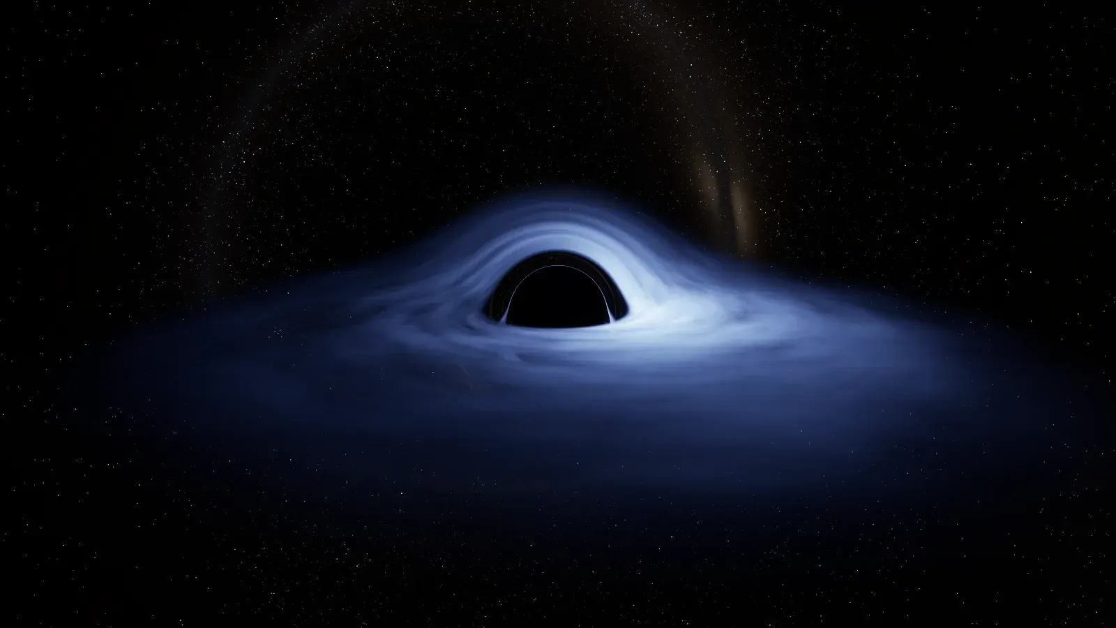 The same black hole and blue-white disk, now with a faint golden arc of Milky Way light looping high over the top of the frame.