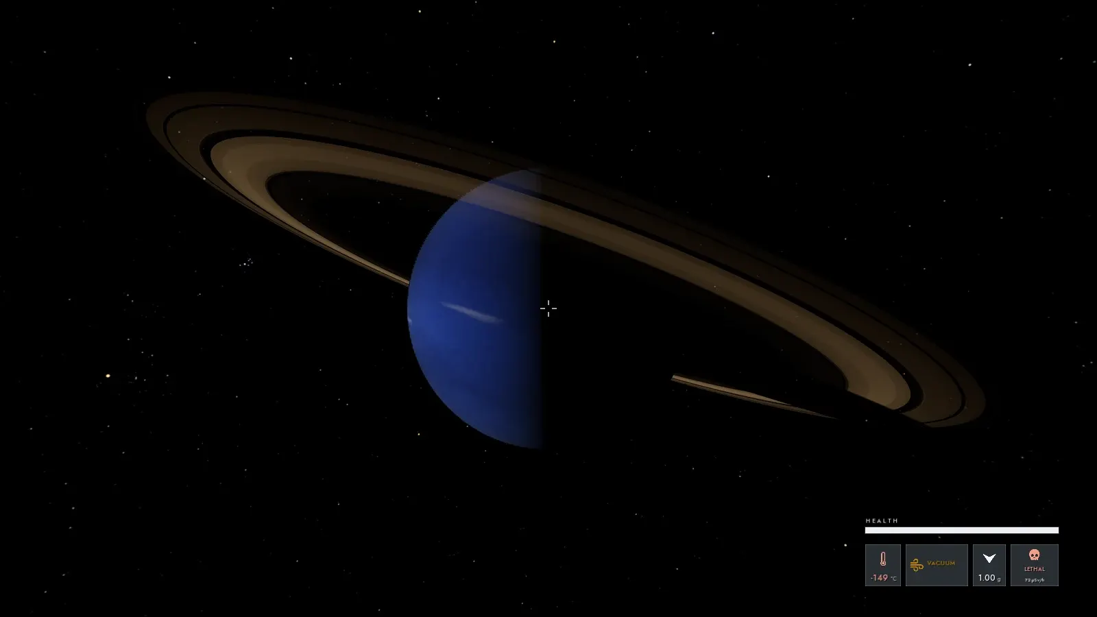 A deep blue ice giant half in shadow, crossed by a wide pale ring system, against black space.