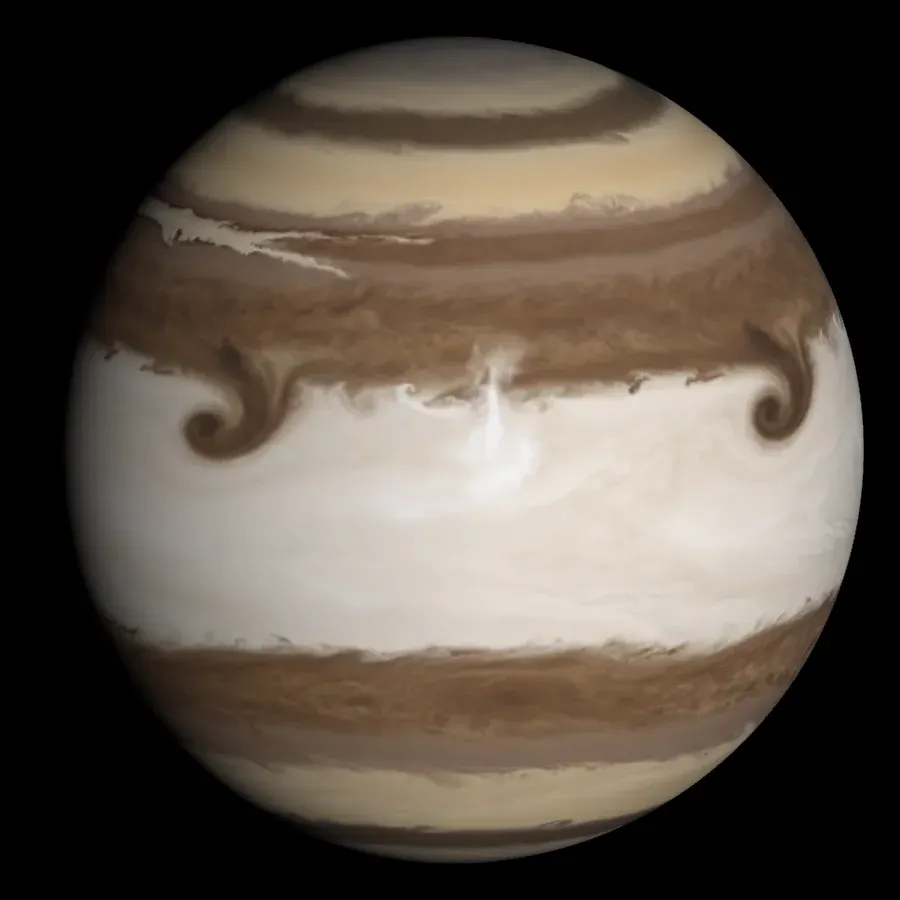 A cream and brown banded gas giant, a broad white equatorial zone with brown hooks curling into it, smooth and softly painted.