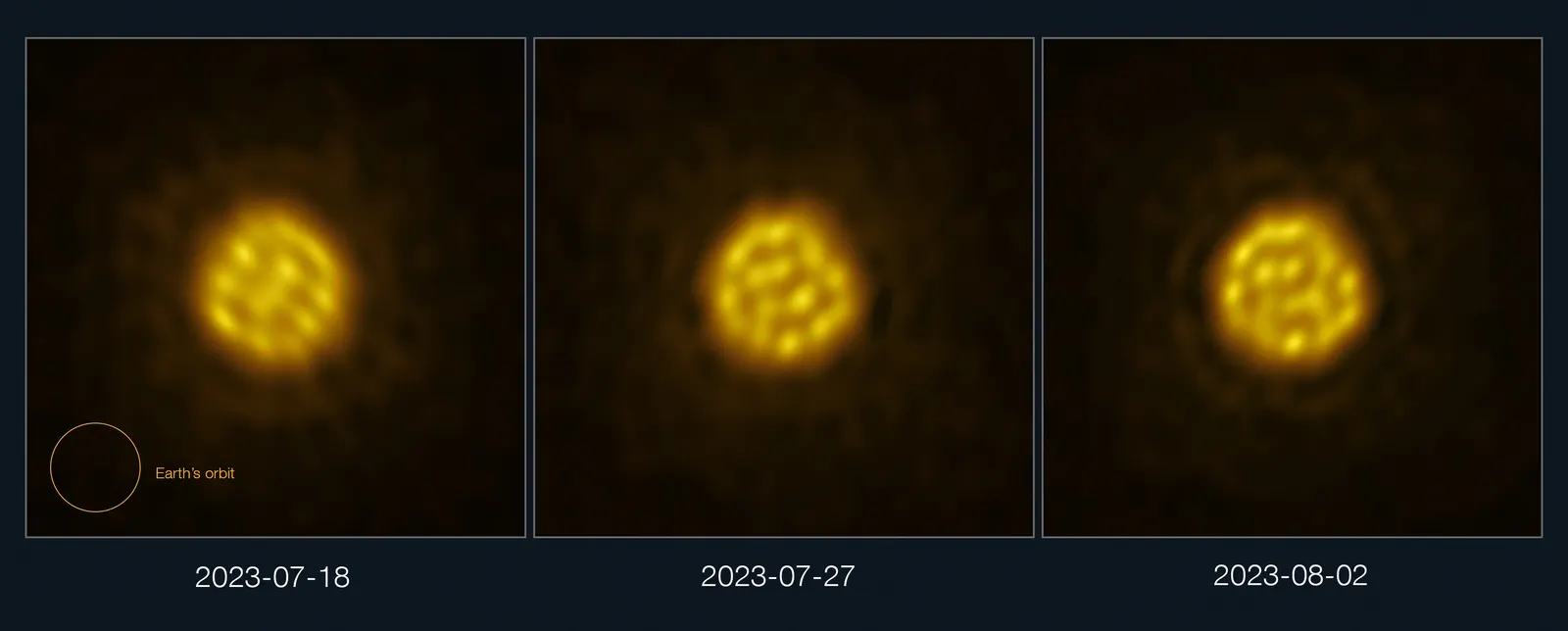 A sequence of images of a star's disc with bright and dark patches that shift from frame to frame