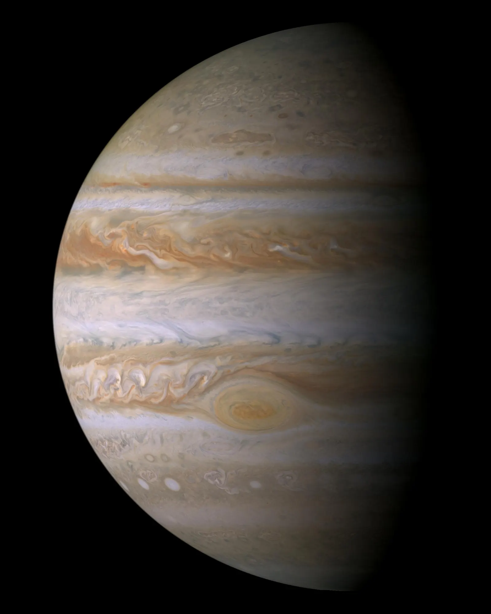 Jupiter in true colour, cream zones and brown belts, the Great Red Spot in the southern hemisphere