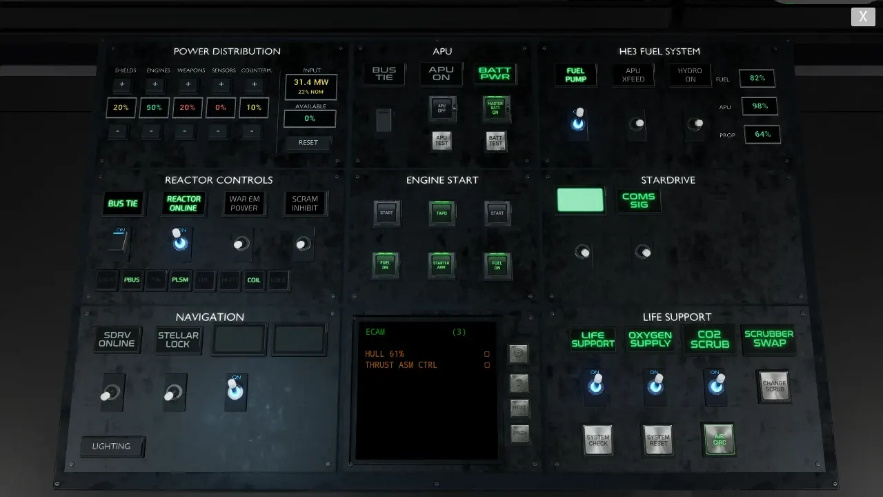 The Calliope's overhead panel with power distribution, APU, fuel, reactor, engine start, stardrive, navigation and life support sections; the ECAM screen lists THRUST ASM CTRL.