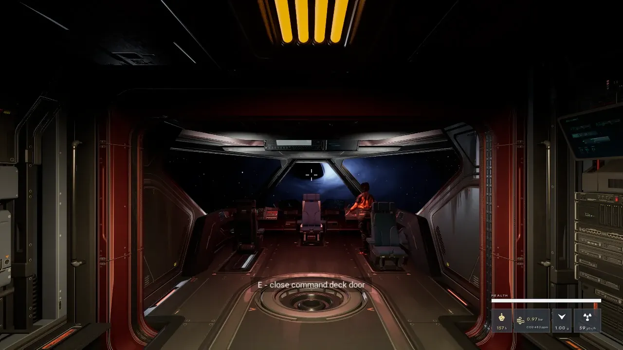 The Calliope's command deck seen from its doorway, a crew member at the helm; through the canopy a black disc sits against a glowing blue arc of light, with stars around it.