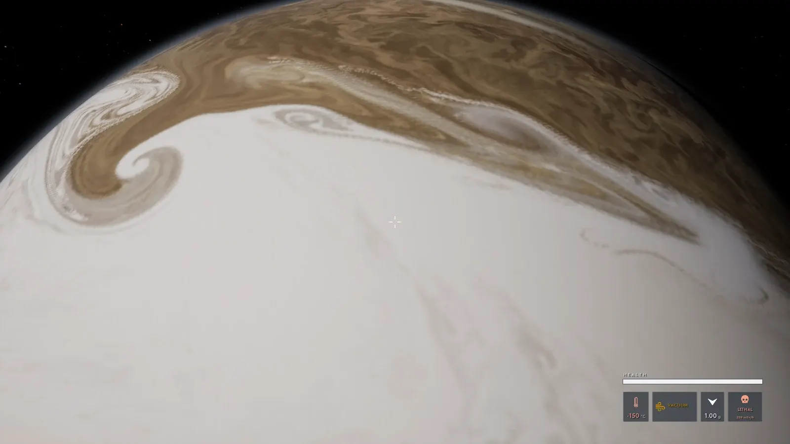 A close oblique view of a gas giant's cloud tops, a brown band curling into a white zone in a large swirl.
