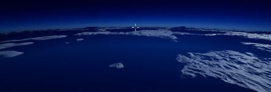 A dark blue ocean with white ice floes seen from high above, the horizon at the top.