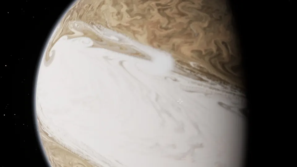 A cream and brown banded gas giant filling the frame, with swirling storms along a belt.