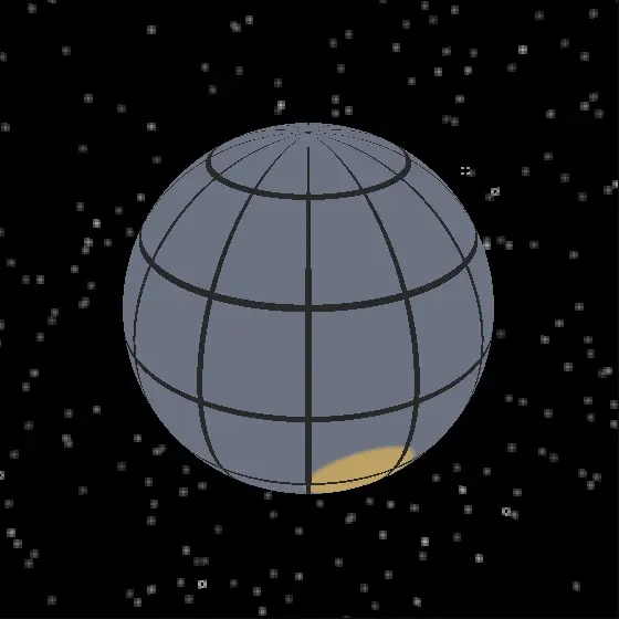 A grey sphere with a grid of latitude and longitude lines and a small gold patch at its lower edge, on a black starry sky.