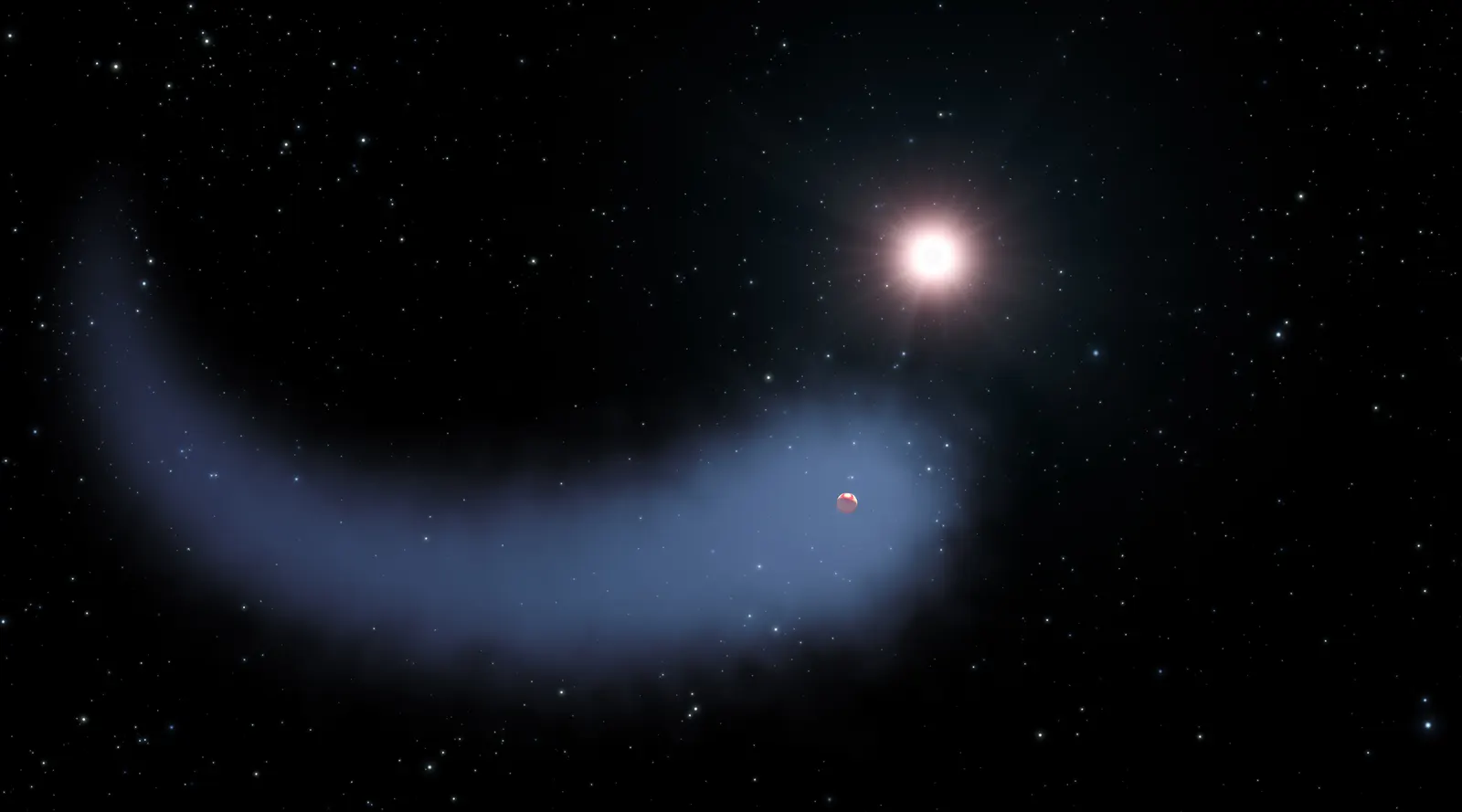 An illustration of a planet in front of a red star, trailing a vast pale cloud of escaping hydrogen.