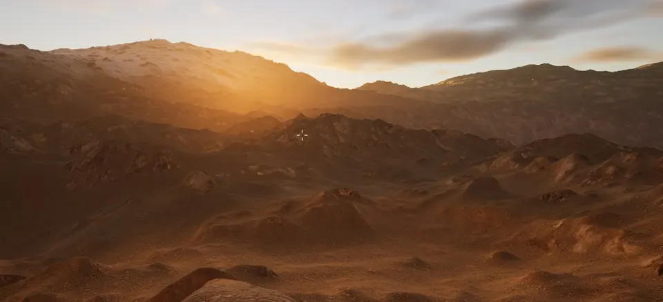Rust-red desert hills and ridges at sunset, the low sun behind a ridge line.