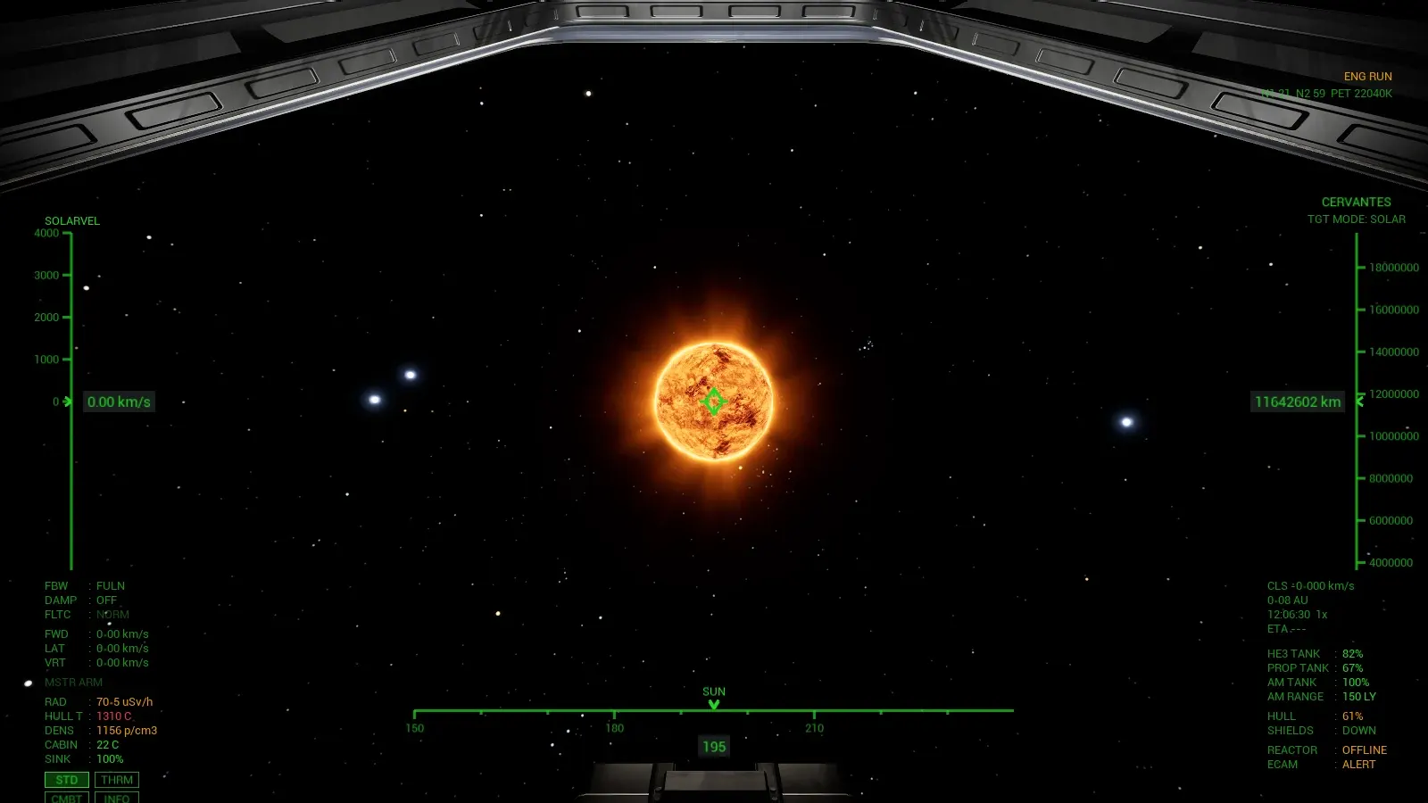 The view from the pilot's seat towards an orange star, with a green HUD: a speed tape on the left, a range tape reading 11,642,602 km on the right, a heading tape below and mode keys STD, THRM, CMBT and INFO in the corner.