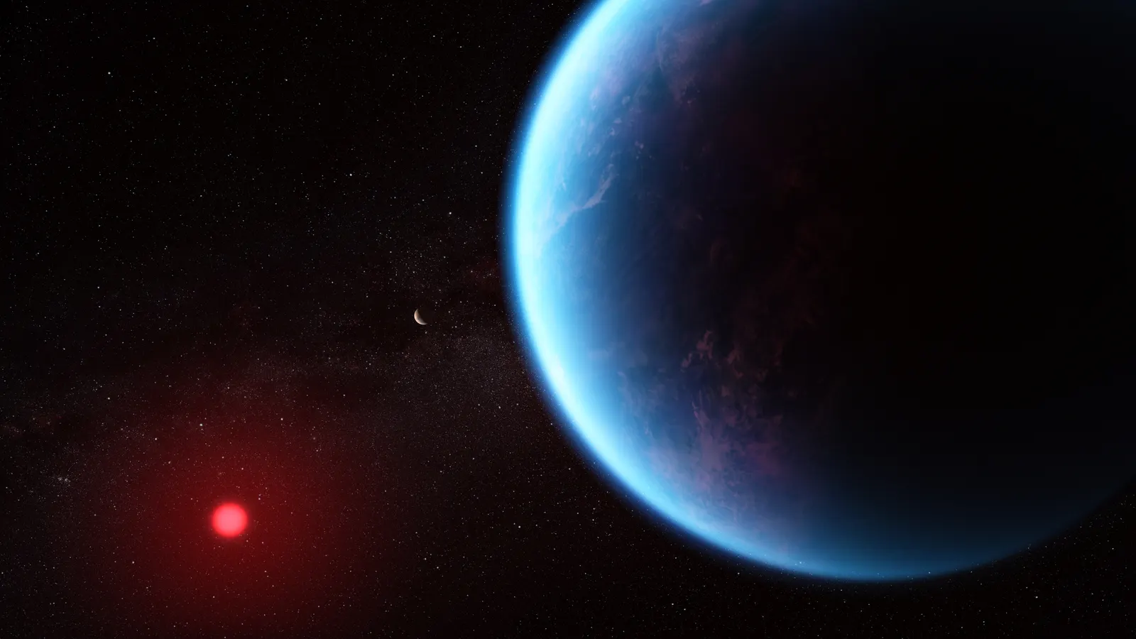 An illustration of a blue planet with a hazy atmosphere next to a small red star.