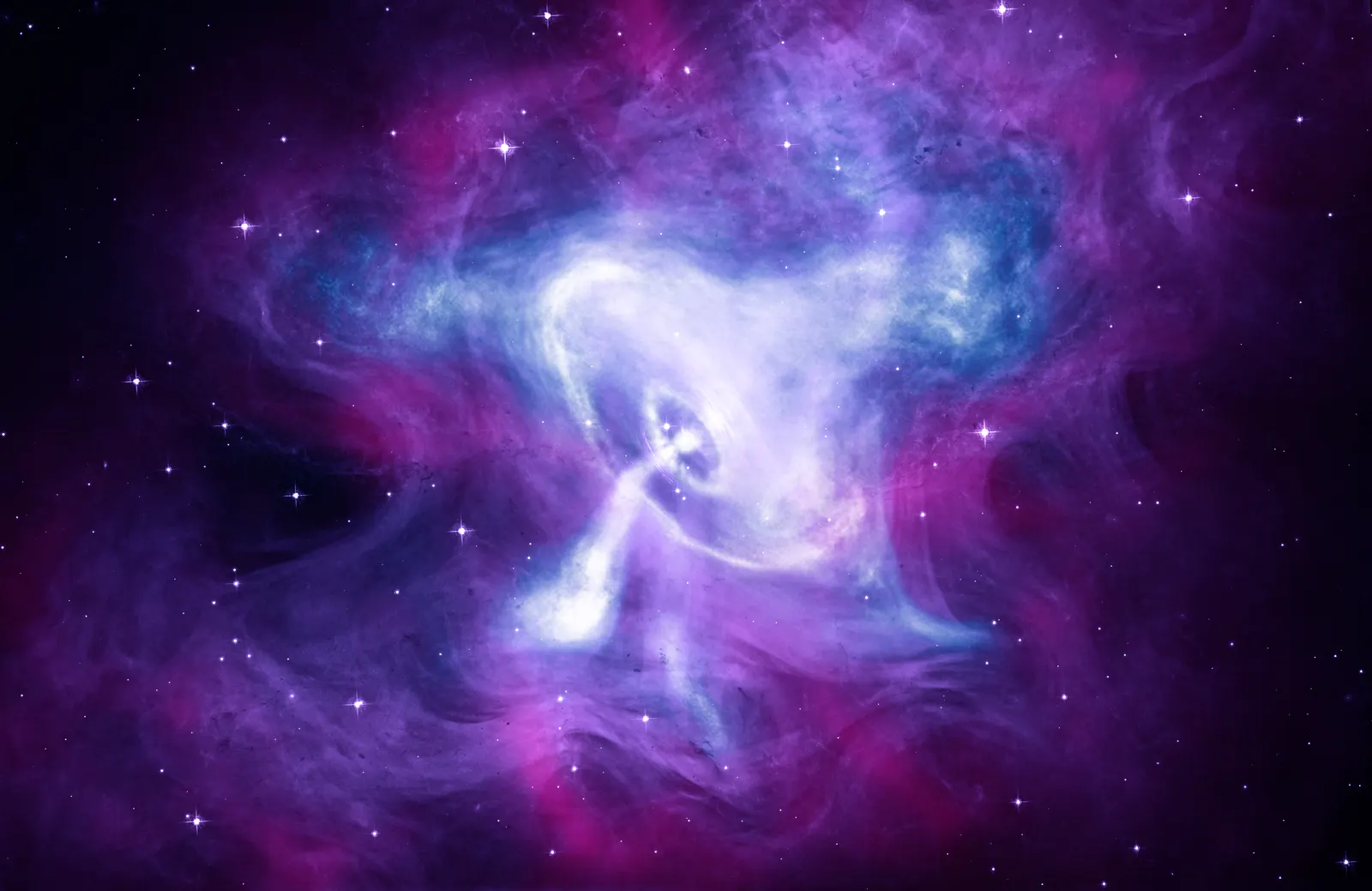 A glowing cloud in purple, pink and white, with a bright white ring and a jet at its centre marking the pulsar, set against a dark starry sky.