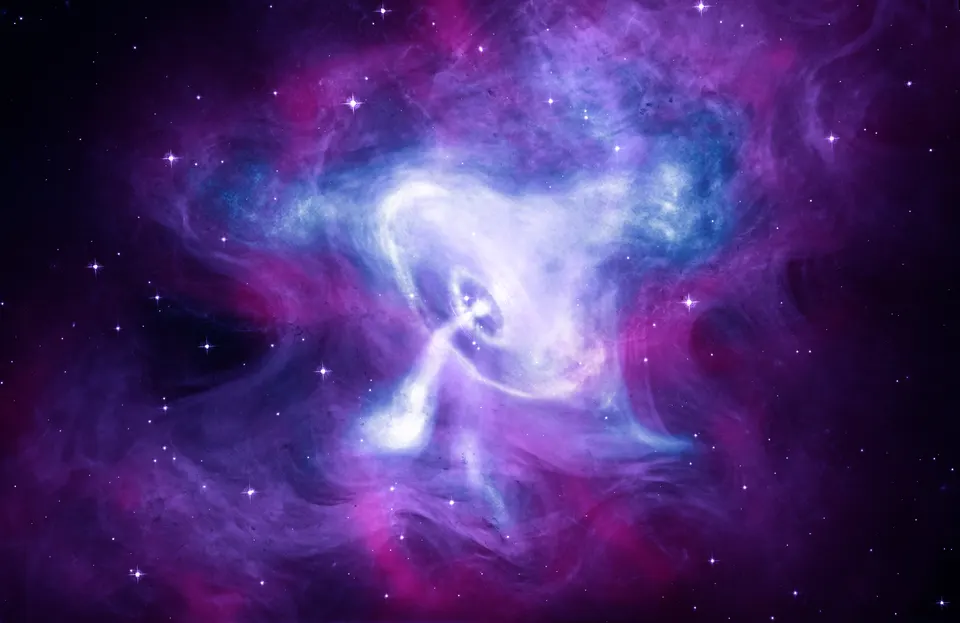 A glowing cloud in purple, pink and white, with a bright white ring and a jet at its centre marking the pulsar, set against a dark starry sky.