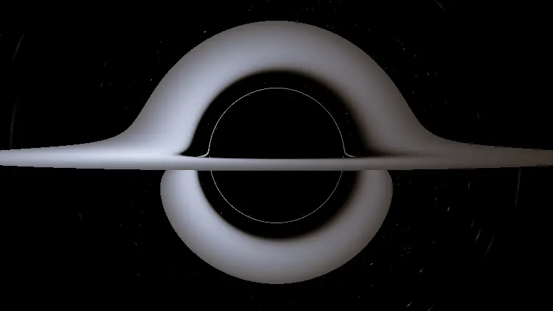 A black circle with a thin bright ring round it, crossed by the edge-on line of a grey disk whose far side arches symmetrically over the top and under the bottom.