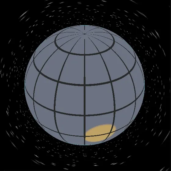 The same gridded sphere drawn larger, the pole tipped towards the viewer and the gold cap fully in view, with the background stars drawn out into short curved streaks.
